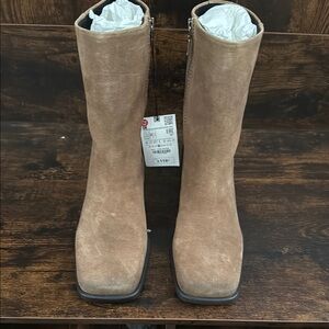Zara Tan Heeled Boots with Suede Finish